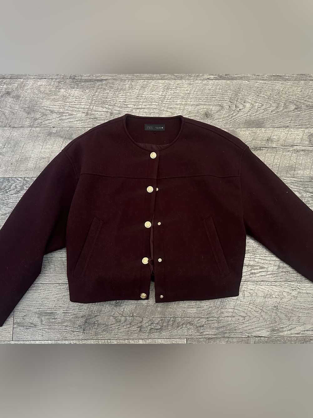 Zara Women's Burgundy Collarless Button Jacket with Gold Buttons